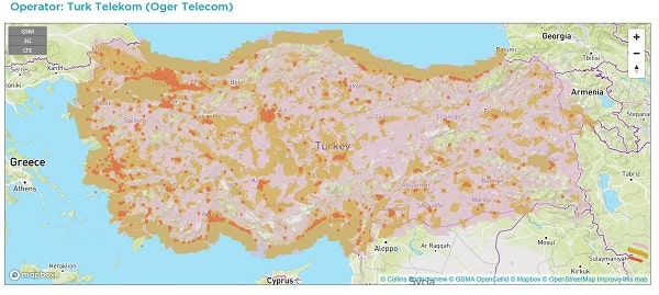 Phủ sóng của nhà mạng Turk telekom