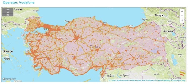 Phủ sóng của nhà mạng Vodafone Thổ Nhĩ Kỳ