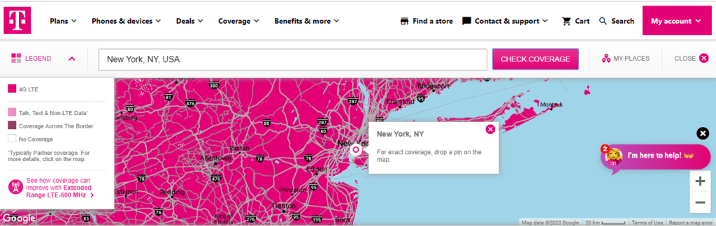 Độ phủ sóng của T-Mobile ở thành phố New York